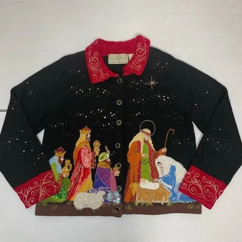 DESIGN OPTIONS Sequin/Embroidery Nativity SweaterVintage-size Small